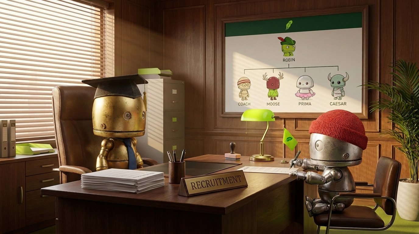 The Recruitment office — a Thrill signs on while the org chart watches from the wall.